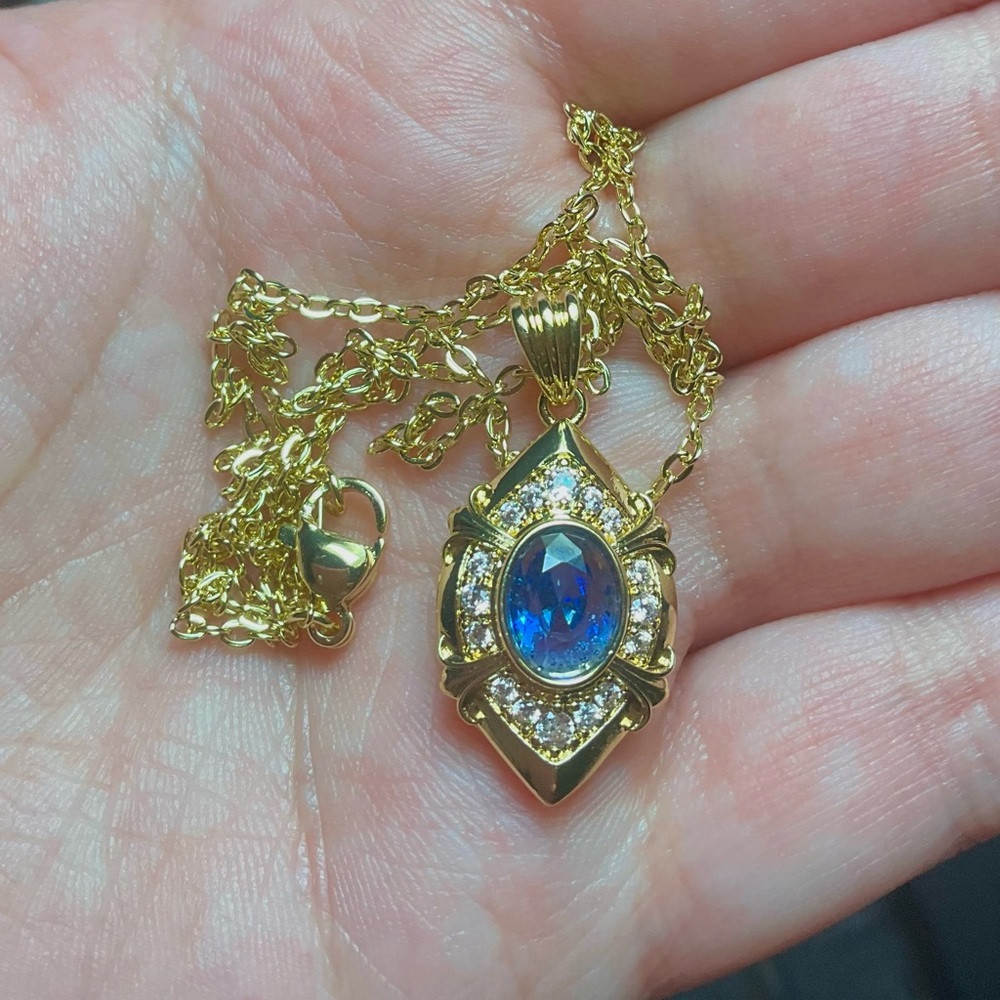 Art Deco Necklace Sapphire Blue Crystal Pendant Gold Amulet CZ Crystal Evil Eye - Picture 2 of 6